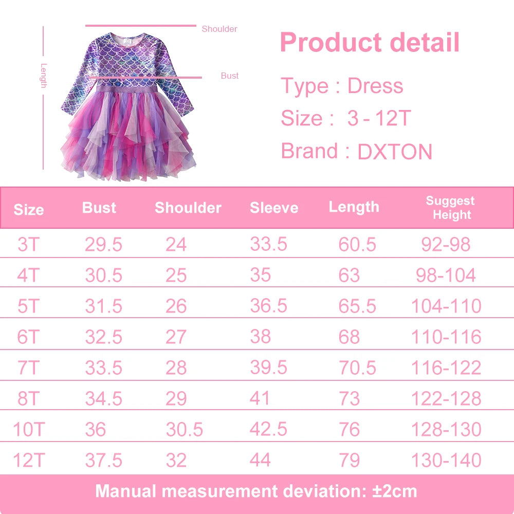 DXTON Autumn Princess Dress Mermaid Children Birthday Party Girls Dress Irregular Layered Prom Kids Long Sleeve Costumes 3-8Y