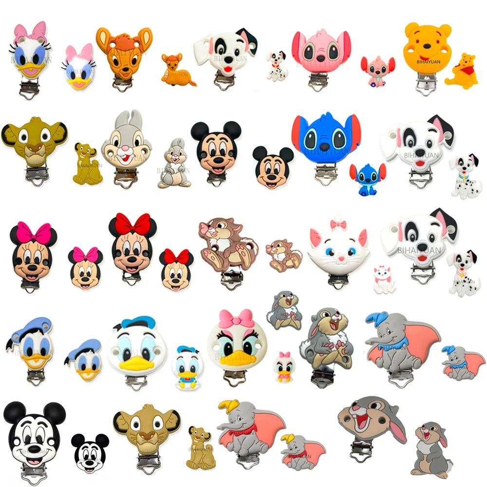 2pcs one set Moana Simba Dumbo marie cat Stitch 101dog Silicone clip Focal Beads Pacifier Chain Clips Toy Jewelry Accessories