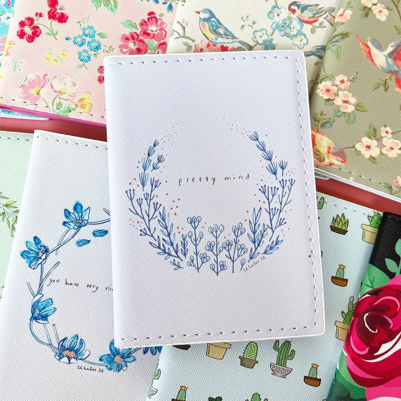 Flower and Plants Passport Cover PU Leather Travel Passport Holder for Girls Business Card Case Plane Ticket Card Holders Women