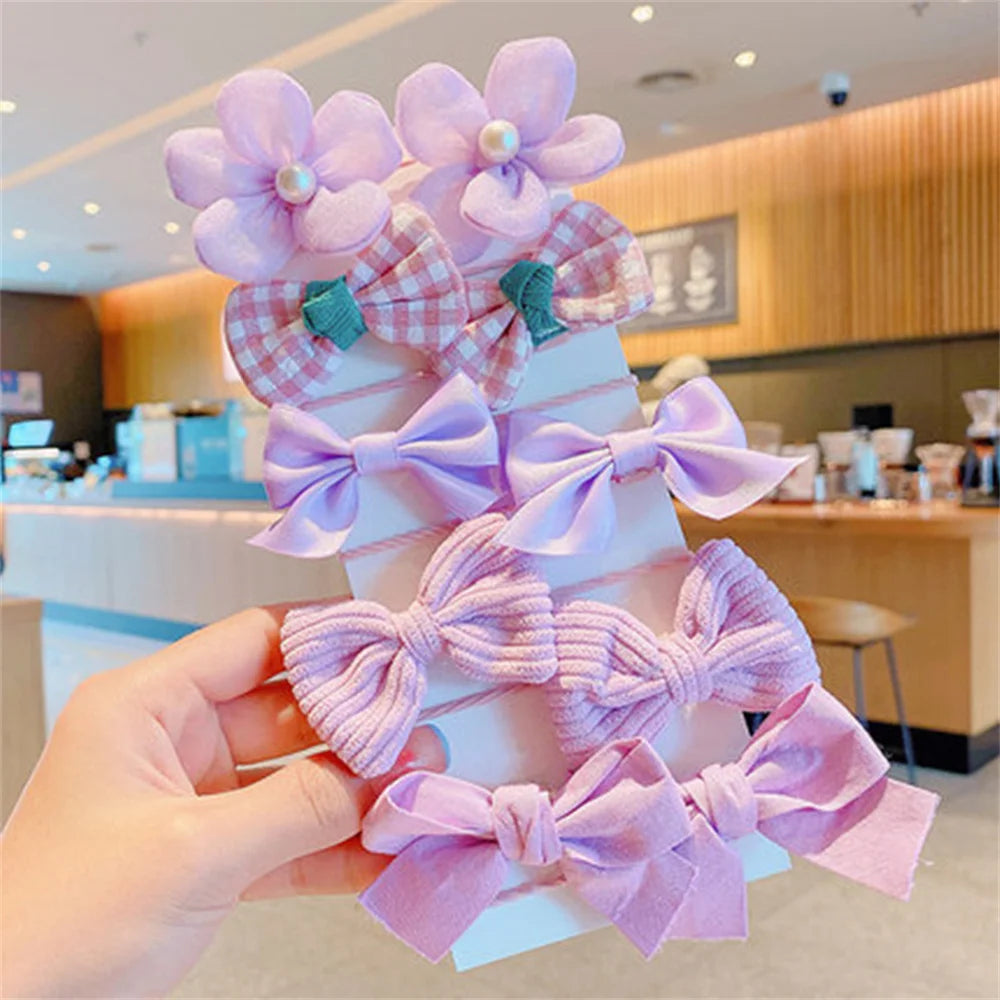 10pcs Cute Flower Hair Ties Set Kids High Elastic Mixed Cloth Plaid Bow Charms Hair Loop For Toddler Girls Princess Headwear