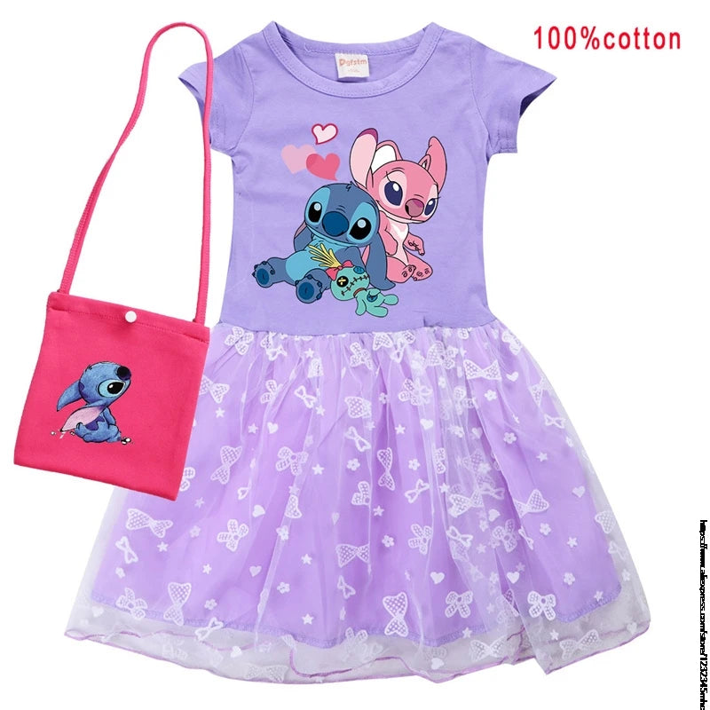 Hot Lilo And Stitch Girls Children Spring Summer Tutu Stitch Dress +Bag Kids Princess Girls Birthday Party Dress Costume