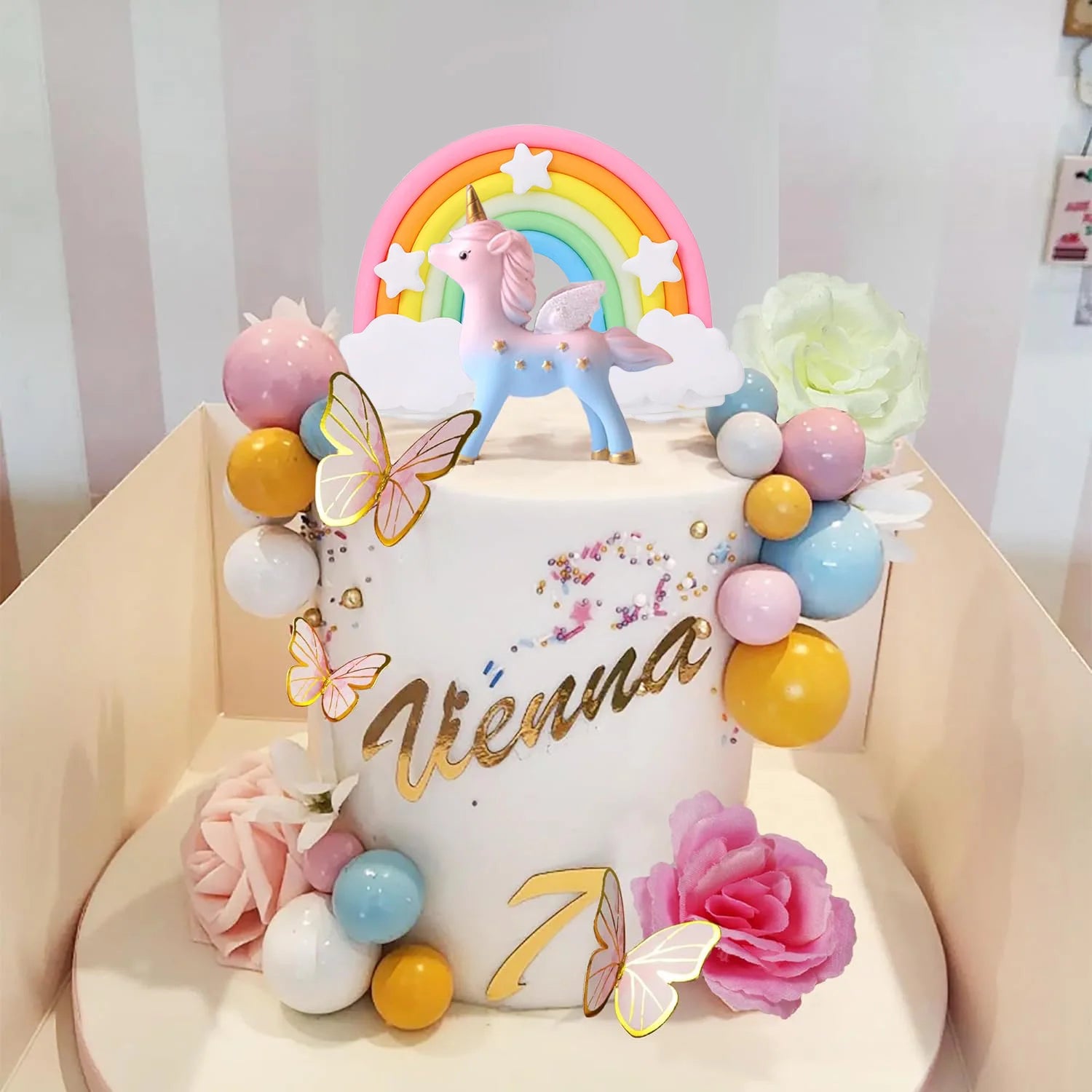 47PCS Unicorn Cake Topper Rainbow Cake Decorations with Butterflies Unicorn Balls Birthday Cake Decoration for Boys And Girls