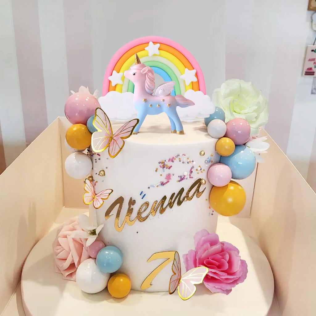 47PCS Unicorn Cake Topper Rainbow Cake Decorations with Butterflies Unicorn Balls Birthday Cake Decoration for Boys And Girls