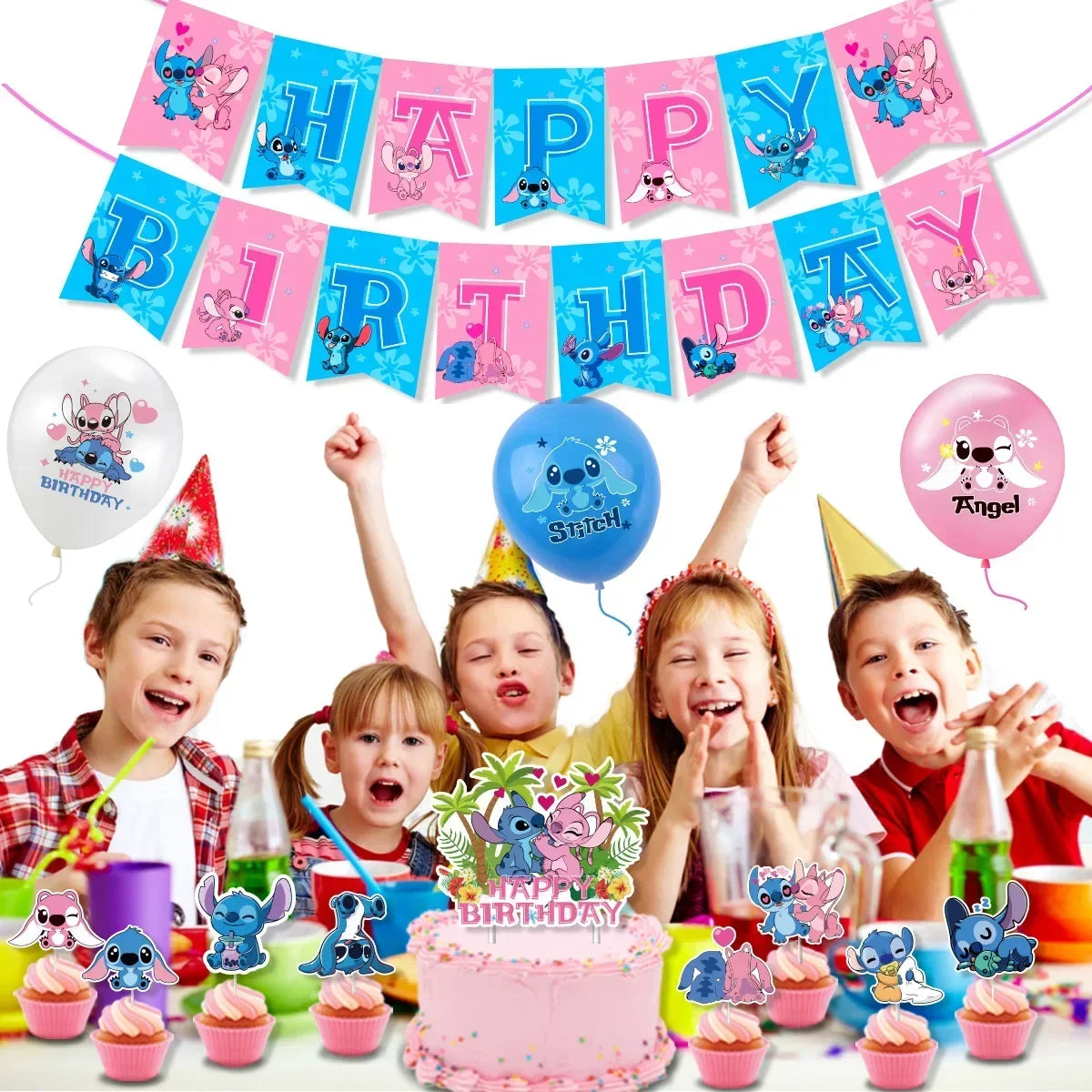 1Set Stitched Latex Balloons Banner Baby Shower Toy Cake Topper Happy Birthday Boy Girl Lilo Stitch Ballons Party Decor Supplies