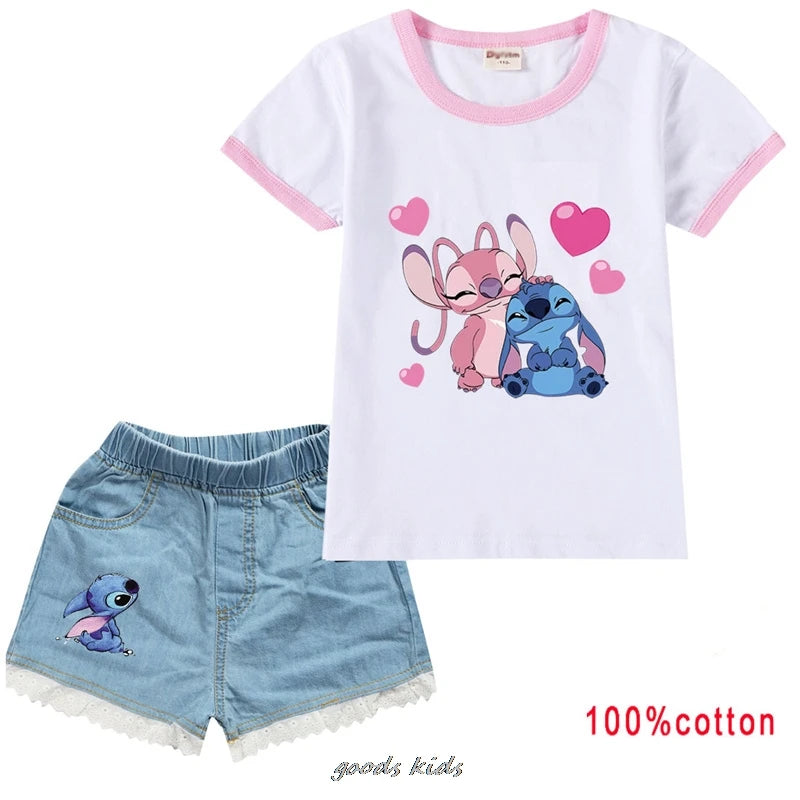 Lilo And Stitch Summer Kids Clothes Toddler Girls Casual Outfits Girl Costume Boys Tshirts+Denim Shorts Suits