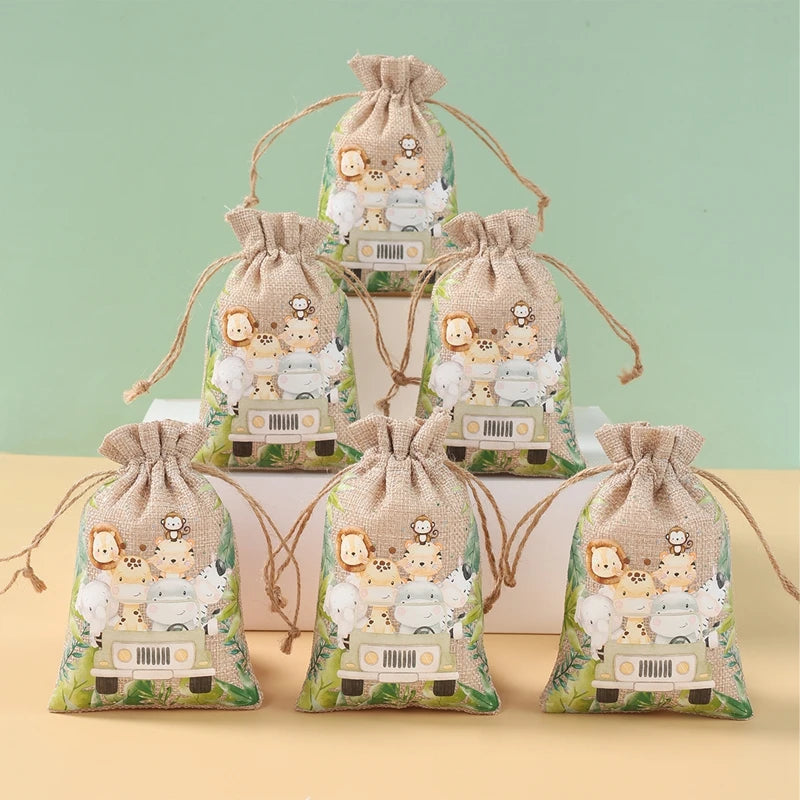 6pcs Animal Dinosaur Unicorn Cotton Linen Gift Bags Birthday Party Decor Kids Wedding Party Favor Bag Baby Shower Gift Bag