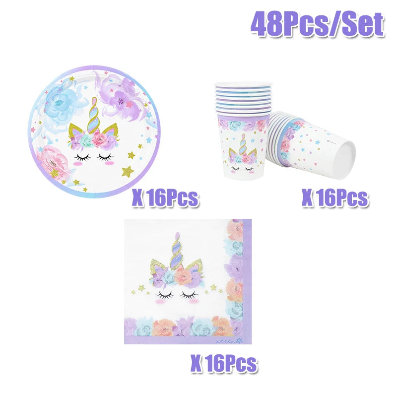 48Pcs/Set Unicorn Theme Birthday Disposable Tableware Set Paper Plates Napkins Cups Birthday Party Decoration Kids Favors Gift