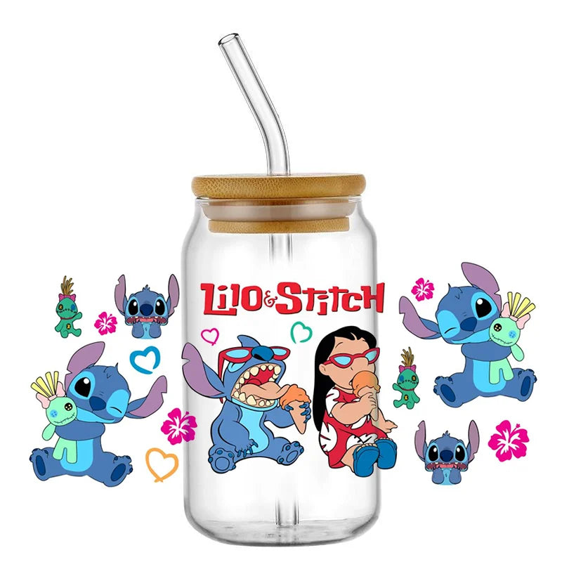 Miniso Stitch 16oz UV DTF Cup Wrap Cartoon Transfers Libbey Wrap Tumbler DIY Logo Sticker Glass Can Selfadhesive Waterproof