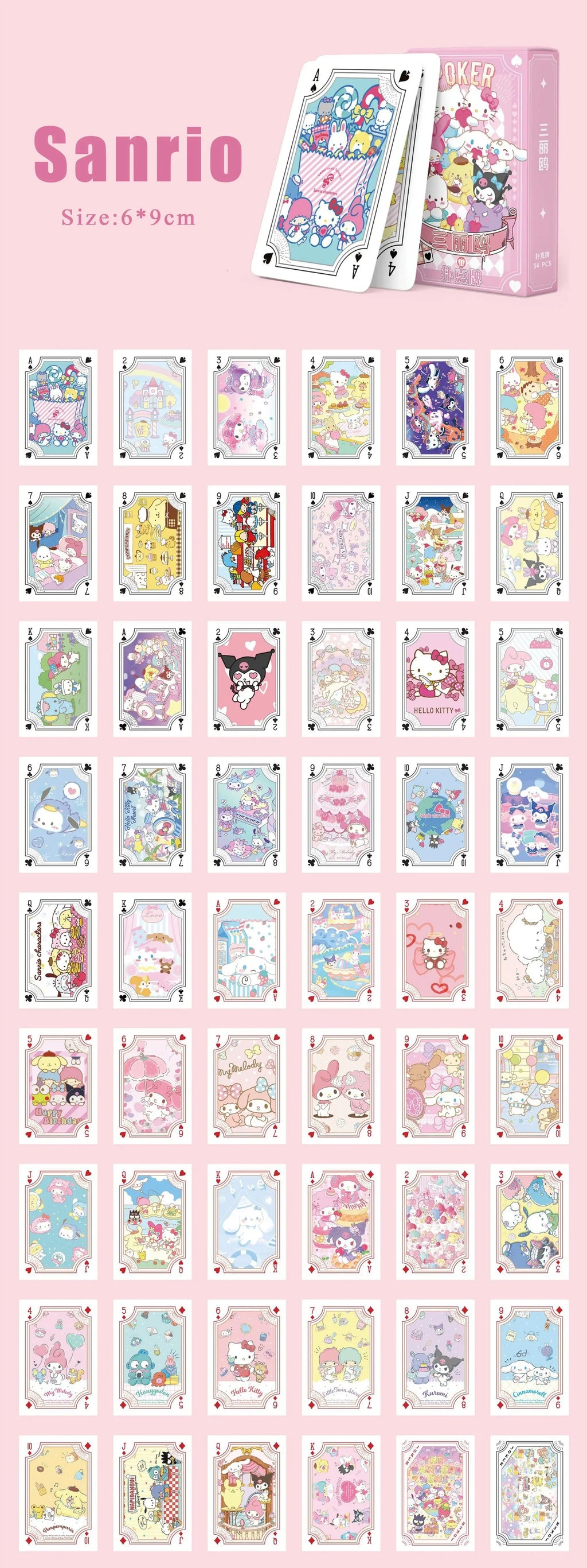 Kawaii Sanrio Poker Playing Cards Board Games Cartoon Hello Kitty Kuromi Cinnamoroll Melody Pompompurin Kids Toys Deck Card Gift