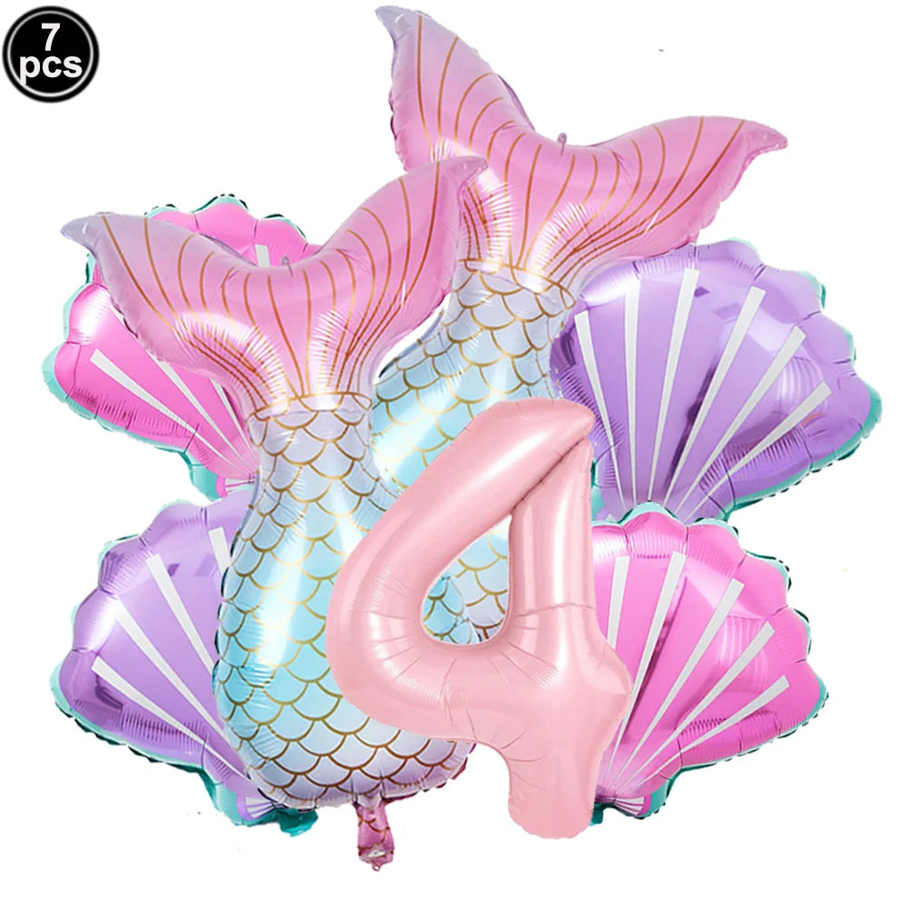 Mermaid Birthday Decorations 7 Pcs Mermaid Foil Balloon Mermaid Tail Balloon Mermaid Decor for 1st-9th Birthday Party Baby Showe