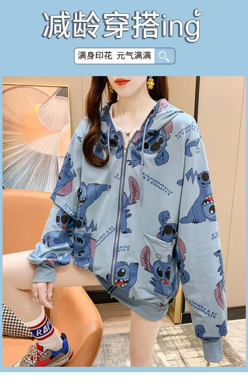 New Lilo and Stitch Hooded Sweatshirt Kawaii Women's Loose Top Thin Design Anime Printed Accessories Cartoon Cardigan Jacket