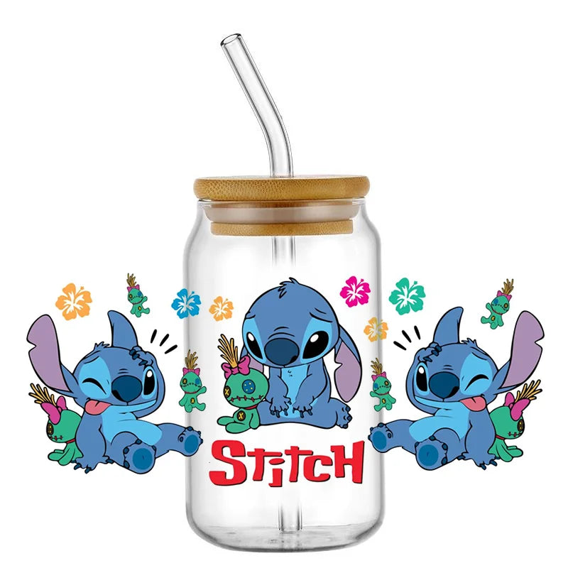 Miniso Stitch 16oz UV DTF Cup Wrap Cartoon Transfers Libbey Wrap Tumbler DIY Logo Sticker Glass Can Selfadhesive Waterproof