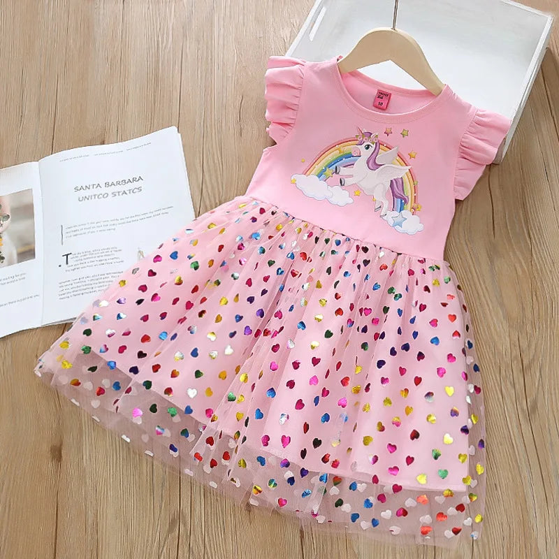 Kids Dresses for Girls Sohort Sleeve Unicorn Girls Sequins Costume Princess Dress Kids Daily Clothes