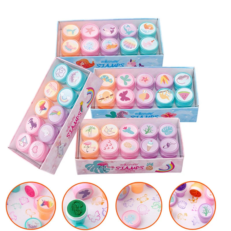10PCS Cartoon Self-ink Stamps Toy Gift Kids Favor Mermaid Unicorn Birthday Party Children Gift Christmas Wedding Guest Giveaways