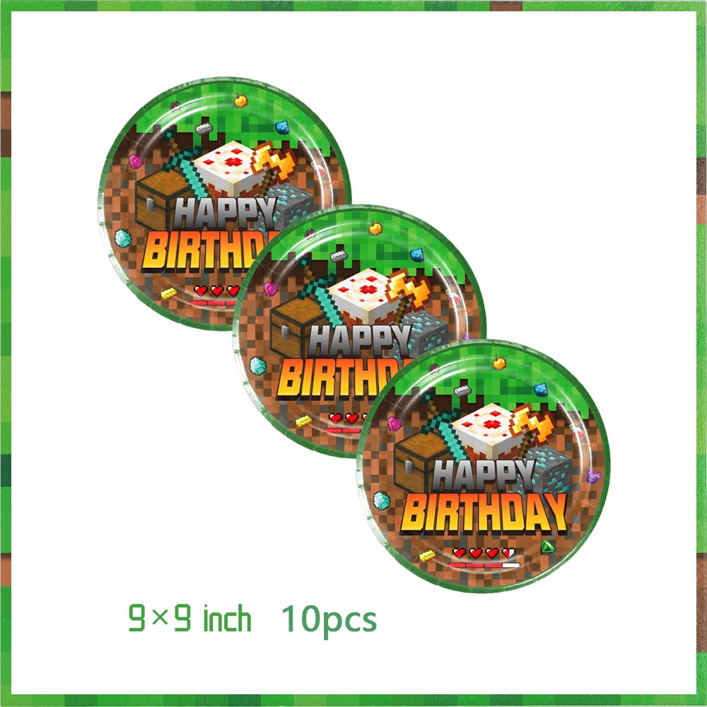 Miner Crafting Pixel Video Game Party Decor Disposable Tableware Backdrop For Kids Party Supplies Cup Plate Banner Toy Gifts