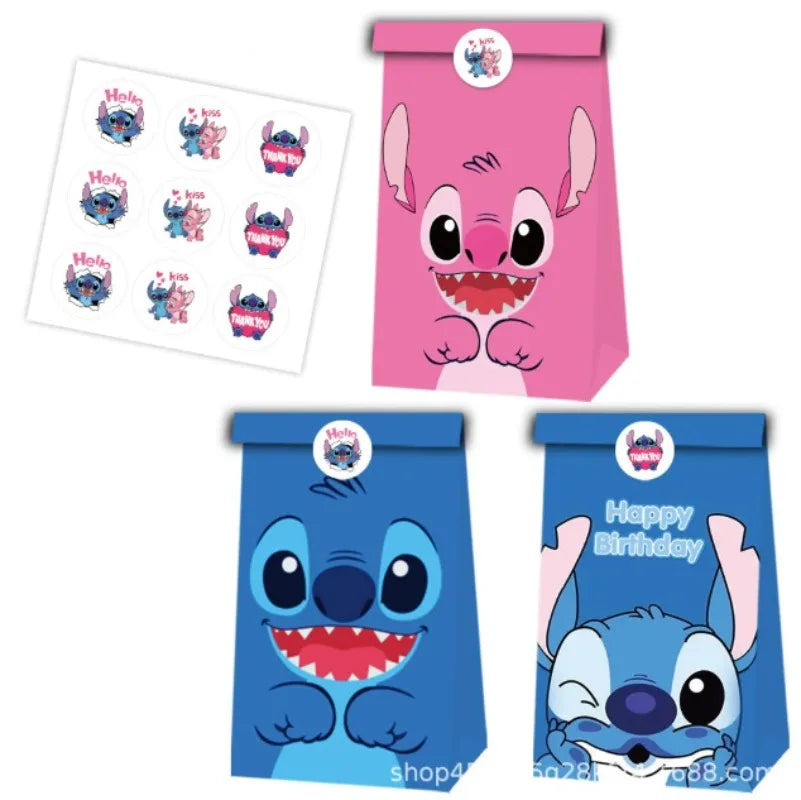 12Pcs Stitch Theme Gift Bag Stitch Animation Pattern Birthday Party Candy Gift Kraft Paper Bag Birthday Gift Box Bag Stickers