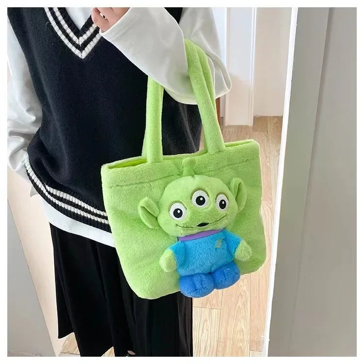 MINISO 2024 New Cartoon Plush Doll Shoulder Bag Sweet and Cute Stitch Strawberry Bear Soft Cute Girls Handbag
