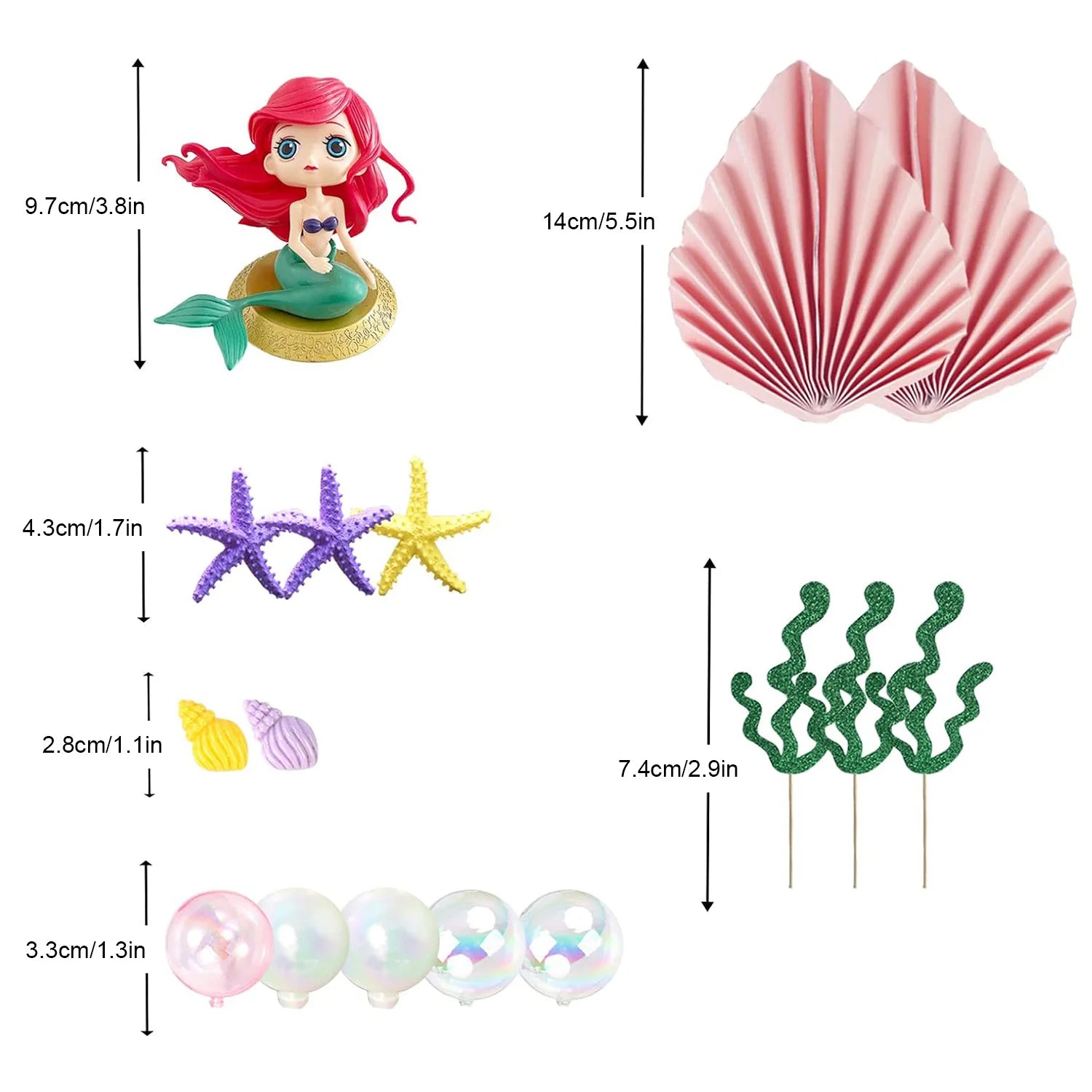 Mermaid Cake Topper Big Mermaid Tails Seaweed Bubbles Shells and Golden Ginkgo Leaves Cake Set for Mermaid Cake Decorations