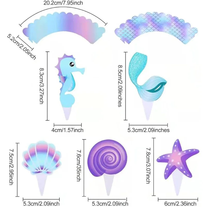 40pcs/set Ocean Theme CupCake Toppers Wrappers Mermaid Sea Star Shell Birthday Party Favor Cake Decor Supply