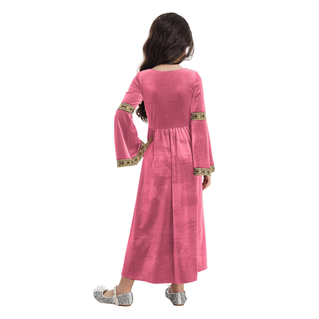 Kids Girls Medieval Renaissance Princess Costume Velvet Long Flare Sleeve Vintage Dress Gown Carnival Party Cosplay Dress Up