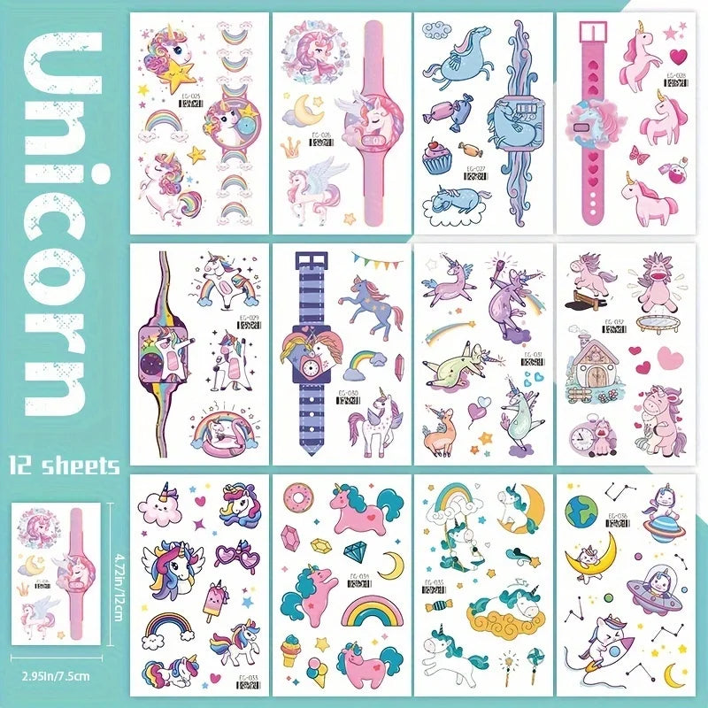 12 Sheets Glitter Unicorn Temporary Tattoos for Girls,Birthday Favors, Rainbow Unicorn Party Decor Supplies