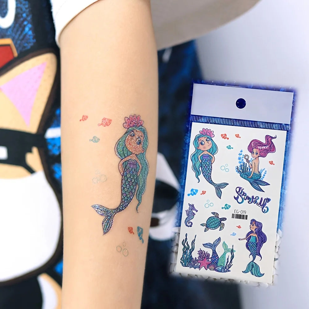 12 Sheets Glitter Mermaid Tattoo Stickers For Kids Cute Unicorn Temporary Tattoos Body Art Fake Tattoo Birthday Party Favors