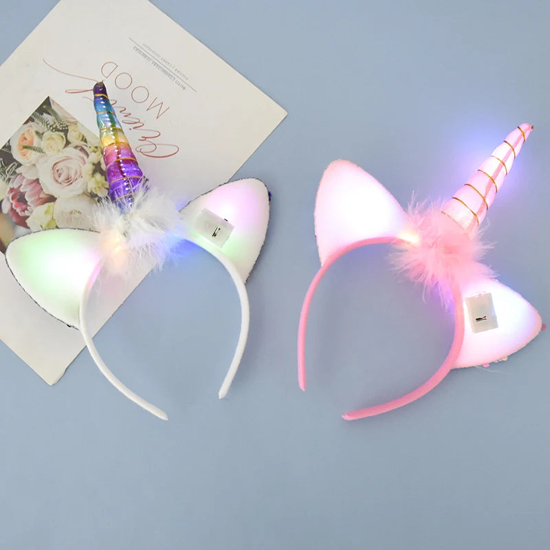 LED Light Unicorn Headband Kids Girl Birthday Cartoon Headwear Hair Accessories Rainbow Unicorn Theme Party Decoration Supplies