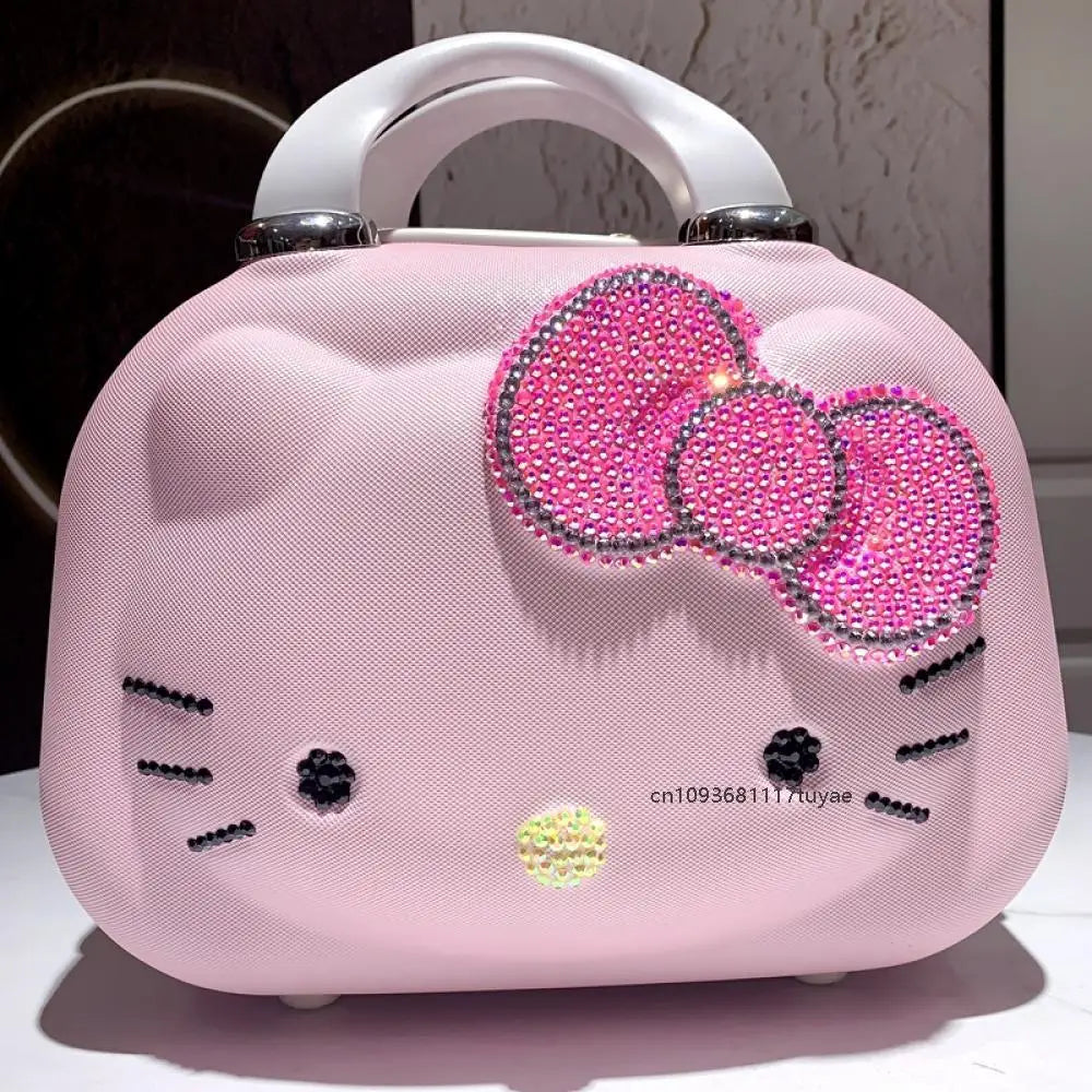 Kawaii 14 Inches Hello Kitty Cosmetic Case Sanrioed Anime Suitcase High Capacity with Lock Storage Bag Girl High End Gift Travel