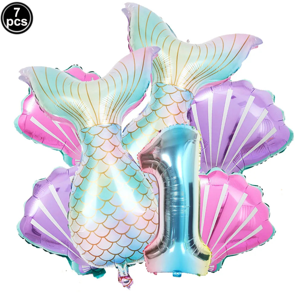 Mermaid Birthday Decorations 7 Pcs Mermaid Foil Balloon Mermaid Tail Balloon Mermaid Decor for 1st-9th Birthday Party Baby Showe