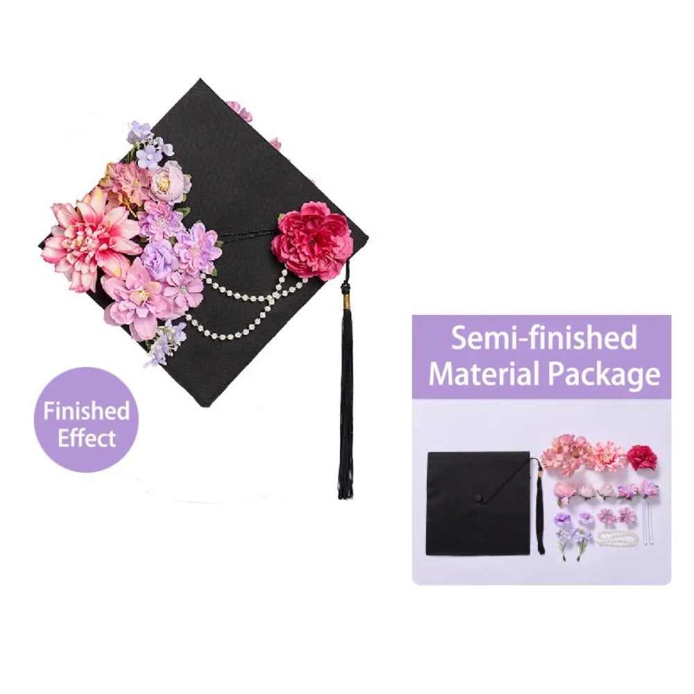 Trencher Cap DIY Flowers Graduation Cap Mortar Board Adjustable Kids Academic Hat with Tassels Bachelor Charm Ornament
