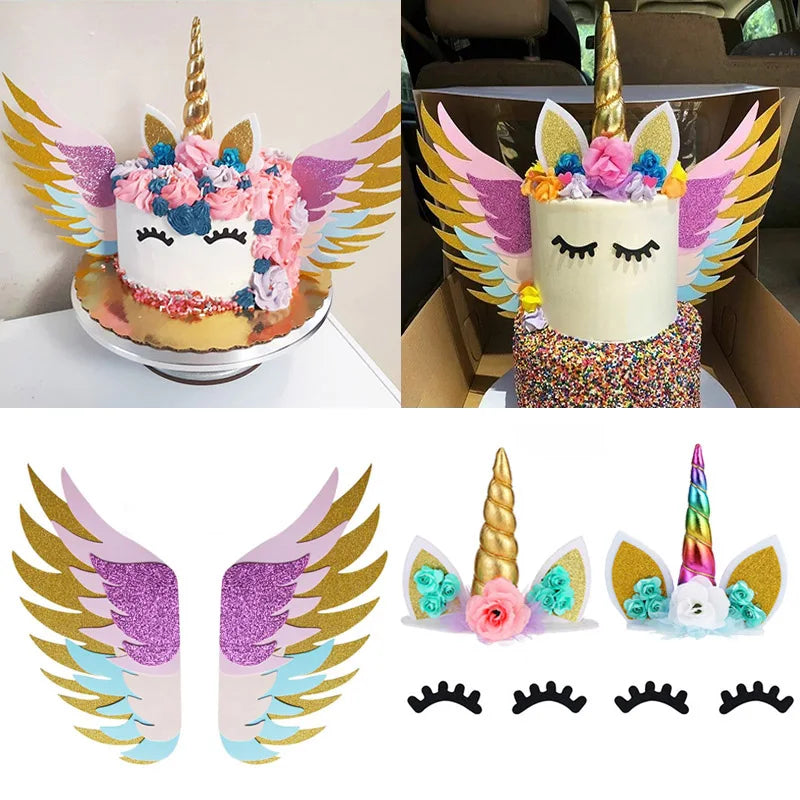 Unicorn Cake Toppers Rainbow Unicorn Horn Wings Girl Birthday Party DIY Decoration Cupcake Wrapper Unicorn Theme Party Supplies