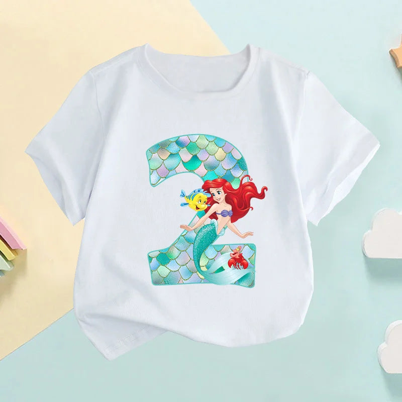 The Little Mermaid Ariel Princess Number Print Girls Clothes 1 2 3 4 5 6 7 8 9 Years Birthday Kids T shirt Baby T-Shirt,HKP2697