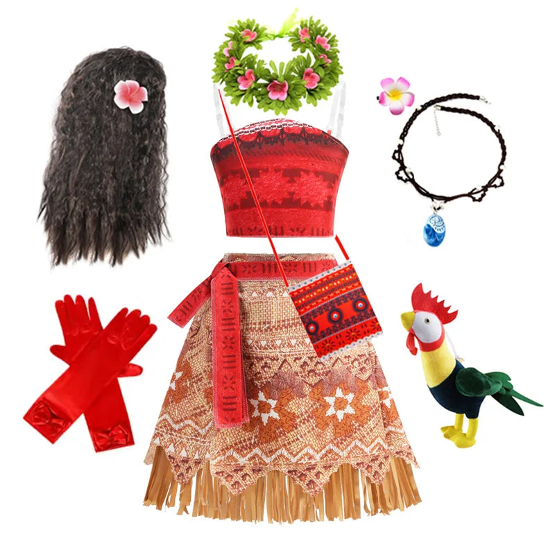 Girls Moana Princess Dress for Kids Carnival Cosplay Vaiana Costume Children Birthday Party Headwear Necklace Flower Clothes Set