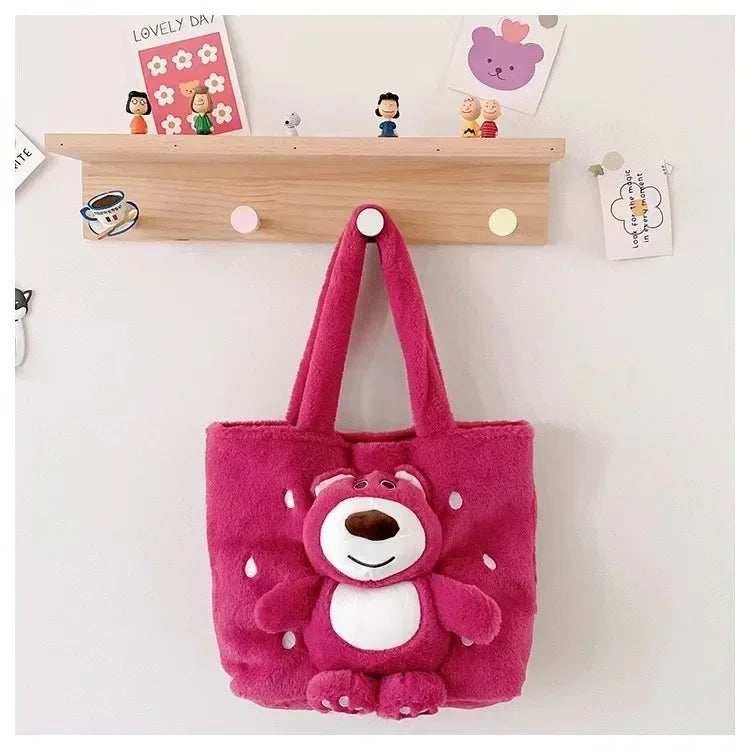 MINISO 2024 New Cartoon Plush Doll Shoulder Bag Sweet and Cute Stitch Strawberry Bear Soft Cute Girls Handbag