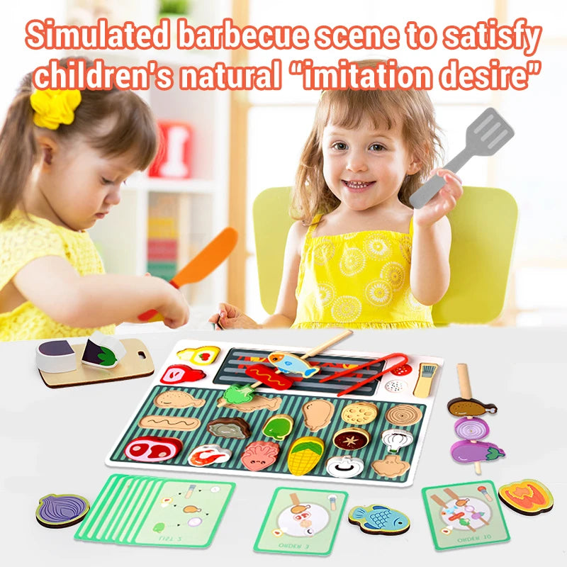 Children Wooden Barbecue Toys Kids Wooden Simulation Food Barbecue Cooking Kitchen Toys Parent-Child Interaction Play House Toys