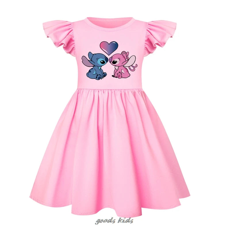 Hot Lilo And Stitch Children's Dress Set Cartoon Cute Girl Dress Flying Sleeve Toddler Dress And Small Bag Birthday Gift
