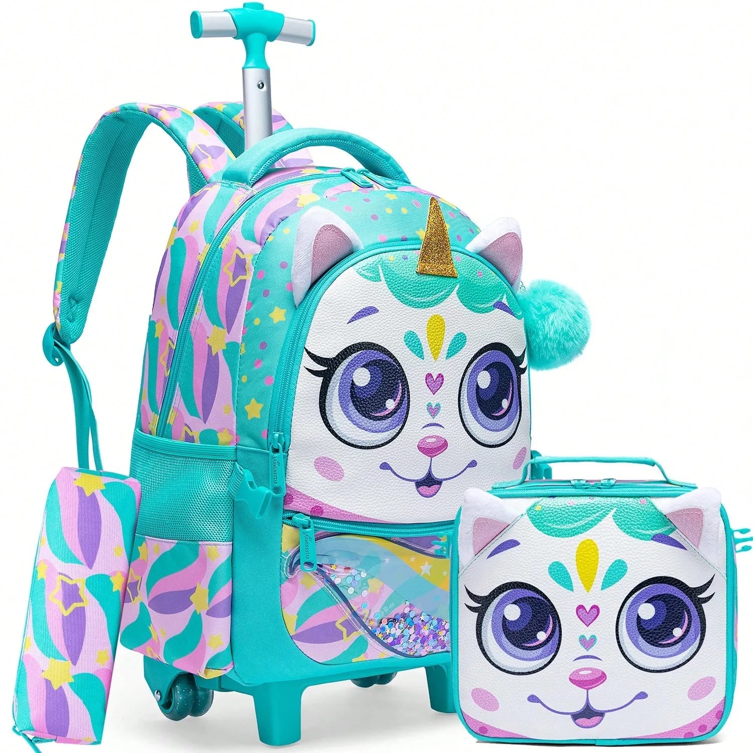 3PCS Cute Rolling Backpack for Girls Backpacks with Wheels for Elementary Students Kids 3 in 1 Travel Luggage Carry on Suitcase