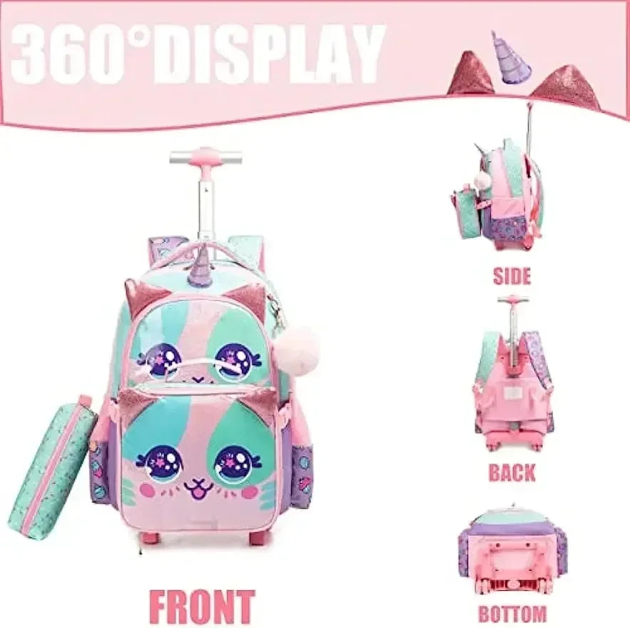 3PCS Cute Rolling Backpack for Girls Backpacks with Wheels for Elementary Students Kids 3 in 1 Travel Luggage Carry on Suitcase