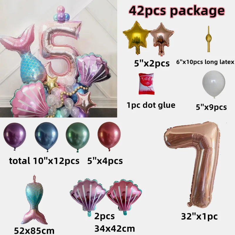 Little Mermaid Theme Party 1-9 Number Foil Balloon Set with Mermaid Tail Balloons Kids Birthday Party Decoration Supplies