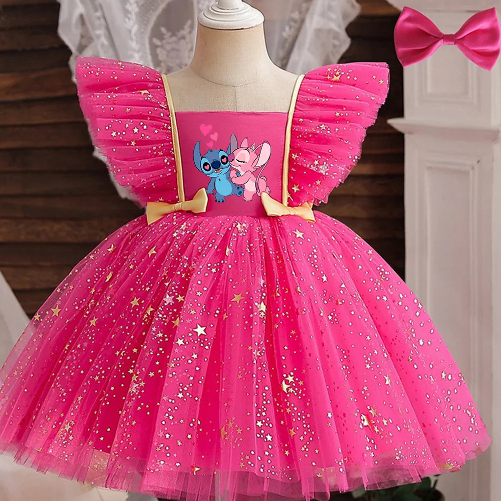 Lilo Stitch Princess Dress for Girls Sequined Star Ruffle Bow Tutu Gown Baby Formal Gala Prom Gown Kids Evening Party Costume