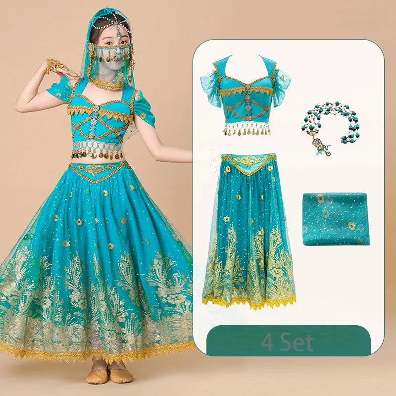  Kids India Princess Belly Dance Set Oriental Indian Dance Sari Girl Performance Costume Bollywood Children Stage Outfit