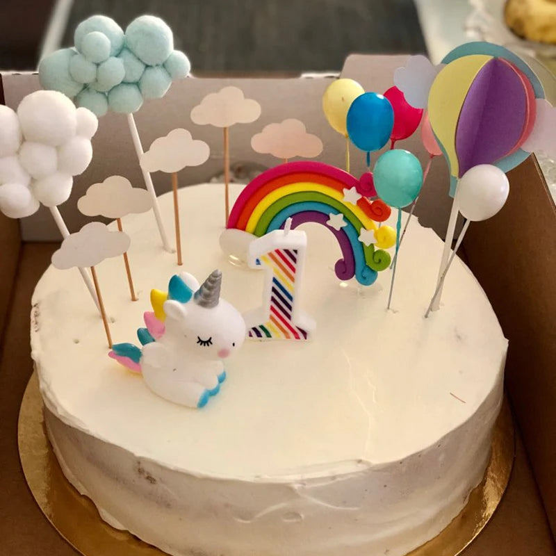 Unicorn Girls Cake Topper Kids 1st Birthday Decor Cloud Rainbow Balloon Cupcake Toppers Baby Shower Christening Cake Decorating