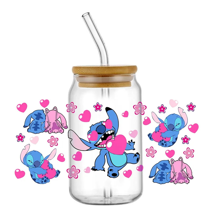 Miniso Stitch 16oz UV DTF Cup Wrap Cartoon Transfers Libbey Wrap Tumbler DIY Logo Sticker Glass Can Selfadhesive Waterproof