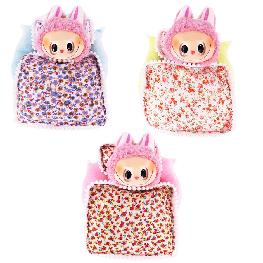 17cm Mini Doll's Accessories Set For Labubu Doll Pop 3Pcs/Set Bed+Quilt+Pillow Pajamas Sleeping Bag Dollhouse Gift,Girl's Toys