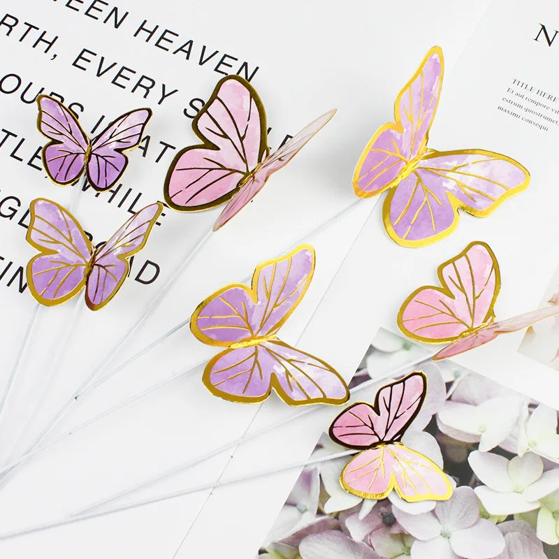 10pcs Dessert Cake Decor Butterfly Stamping Gold Butterfly Cake Toppers Princess Girl Wedding Happy Birthday Party Decor