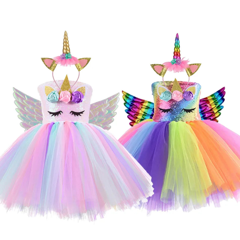 Princess Girls Unicorn Tutu Dress Outfits Pastel Flower Baby Girl Birthday Party Dresses Tulle Kids Halloween Cosplay Costumes