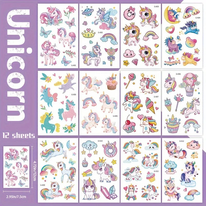 12 Sheets Glitter Unicorn Temporary Tattoos for Girls,Birthday Favors, Rainbow Unicorn Party Decor Supplies