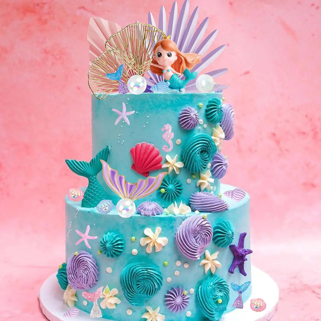 Mermaid Cake Topper Big Mermaid Tails Seaweed Bubbles Shells and Golden Ginkgo Leaves Cake Set for Mermaid Cake Decorations