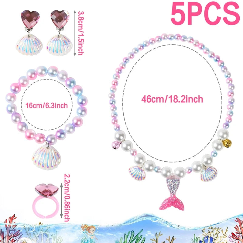 5Pcs/set Girl Princess Mermaid Shell Charm Necklace Bracelet Jewelry Set for Daughter Niece Children Favor Birthday Party Favor