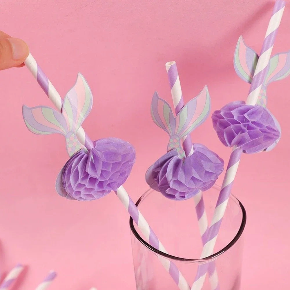 10pcs Purple Mermaid Paper Honeycomb Ball Straw Girls Mermaid Birthday Baby Shower Party Under The Sea Party Supplies Kids Favor